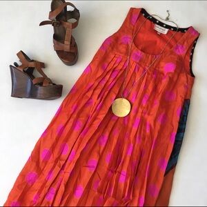 Anthropologie Orange Maxi Dress with Pink Polka Dots